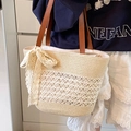 Striped woven straw tote bag with lace bow and leather handles for beach summer - Style Four With Scarf