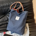Reversible dark blue denim tote bag with red checkered lining and woven rope handles - Large / Blue