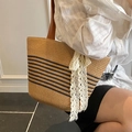 Large striped straw tote bag with brown leather straps and lace bow for beach summer - Style One With Scarf