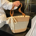 Striped woven straw tote bag with lace bow and brown leather handles for beach summer - Style Three With Scarf