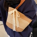 Brown striped straw tote bag with white lace bow and leather shoulder straps - Style Two With Scarf