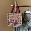 Ethnic bohemian tote bag with colorful geometric woven patterns and burgundy canvas handles - Small / Red
