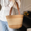 Brown woven straw tote bag with white stripes and faux leather shoulder straps - Style Two No Scarf