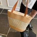 Large striped straw tote bag in natural brown with premium leather handles for summer - Style Three No Scarf