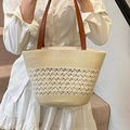 Large striped straw tote bag with brown leather handles for summer beach vacations - Style Four No Scarf