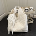 Sac fourre-tout en dentelle beige avec broderies florales et n?ud décoratif latéral - Blanc Avec Écharpe En Dentelle