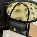 Retro black leather baguette bag with gold metal clasp and slim shoulder strap - Black