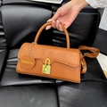 Chic brown faux leather shoulder bag with gold square buckle and detachable strap - Brown