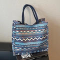 Bohemian canvas tote bag with blue handles and ethnic geometric wave patterns - Blue Rhombus
