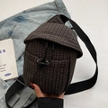 Minimalist dark plaid canvas crossbody phone bag with adjustable black strap and drawstring - Black