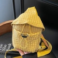 Japanese style yellow checkered canvas crossbody bag with drawstring pocket and wide strap - Yellow