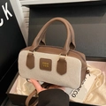 Bolso Boston vintage de cuero marrón oscuro y tela tejida beige con correa de hombro - Marrón
