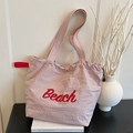 Borsa tote in nylon impermeabile rosa chiaro con ricamo Beach rosso e coulisse - Rosa
