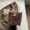 Borsa bento vintage in lino con ricami floreali colorati e manici in corda bianca - Bottoni Rosa