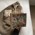 Blumen-Leinen-Tasche mit Vintage-Blumenmuster und stabilen Seilgriffen für Damen - Gelber Reißverschluss