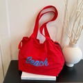 Grande borsa shopper rossa con coulisse e stampa Beach blu in stile casual - Rosso