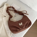Sac bandoulière en velours côtelé marron foncé avec papillon et anse froncée - Marron
