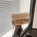 Elegant champagne gold tweed crossbody bag with metallic chain strap and twist lock - White