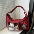 Borsa a mezzaluna rosso scuro in finta pelle con tasca trasparente e cucciolo di peluche - Rosso senza ciondolo