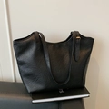 Classic black vintage tote bag in textured faux leather with gold buckle detail - Black