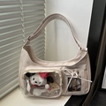 Borsa a spalla crema con tasca trasparente e simpatico peluche in stile invernale - Bianco panna senza pendente