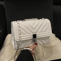 Chic white V-quilted small square bag with silver chain strap and metal swivel lock - White