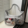 Borsa a tracolla in pelle argentata con tasca trasparente e fiocco decorativo - Argento Senza Ciondolo