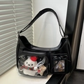 Borsa a tracolla nera in ecopelle con tasca trasparente e teneri orsetti di peluche - Nero Senza Ciondolo
