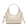 Elegante borsa a mezzaluna beige in pelle lucida con tracolla regolabile - Bianco