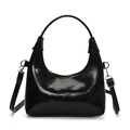 Classic black glossy faux leather crescent bag with top handle and silver hardware - Black