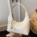 Elegant cream white PU leather underarm bag with a pearl bow charm and heart pendant - White With Pendant