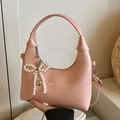 Pink glossy half-moon hobo bag with pearl bow charm and silver heart pendant - Pink With Pendant