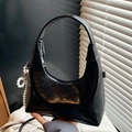 Glossy black half-moon underarm bag with elegant pearl pendant and silver zipper - Black With Pendant