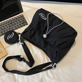 Black nylon tote bag with drawstring closure and small round coin purse attachment - Black