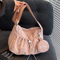 Pink nylon tote bag with drawstring pocket and detachable small round coin purse charm - Pink
