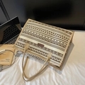 Grande borsa tote in tela con motivo etnico marrone e beige e manici in corda - Cachi