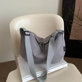 Minimalist grey nylon crescent bag with adjustable wide strap and fanvissa woven label - Gray