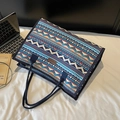 Ethnic geometric canvas tote bag with fashion leather tag and large capacity design - Sky Blue