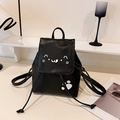 Mini zaino carino in pelle PU nera con viso di gatto e stampa di zampette - Nero