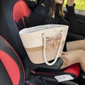 Handgeweven beige en kaki shopper met bruine satijnen strik en katoenen touwhandvaten - Strik Decor Khaki