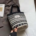 Ethnic style black and white geometric pattern canvas bucket bag with linen base - Black