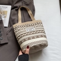Beige canvas bucket bag featuring dark coffee geometric ethnic patterns and wide straps - Khaki