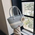 Handwoven blue-grey and beige striped tote bag with a white daisy floral charm - Grey With Straw Flower