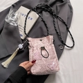 Pink lace bucket bag with butterfly embroidery and woven crossbody strap detail - Pink