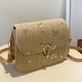 Straw crossbody bag with floral embroidery and gold U-shaped buckle for women - Khaki