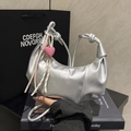 Metallic silver croissant bag with fashion text, heart charm and woven rope handle - Silver with Pink Heart Pendant
