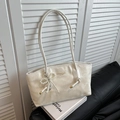 Ivory white snake pattern faux leather shoulder bag with a pearl bow pendant charm - White With Heart Pearl Bow Charm