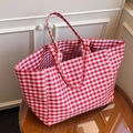 Minimalist red and white checkered canvas tote bag with large capacity for women - Red