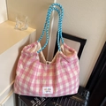 Pink and cream checkered tote bag with woven rope handles and large capacity - Pink