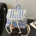 Mini mochila de cuadros azules y blancos con adorno de encaje y lazo para mujeres - Cuadros Blancos y Azules